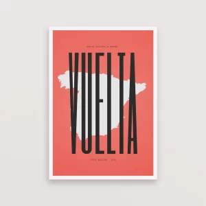 Vuelta map cycling print poster with bold typography over a map of Spain in red background