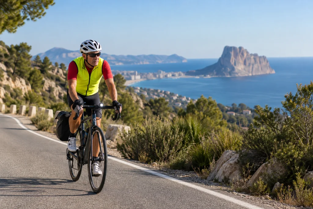 Solo cyclist in high-visibility vest and helmet riding a coastal road near Calpe, Costa Blanca.