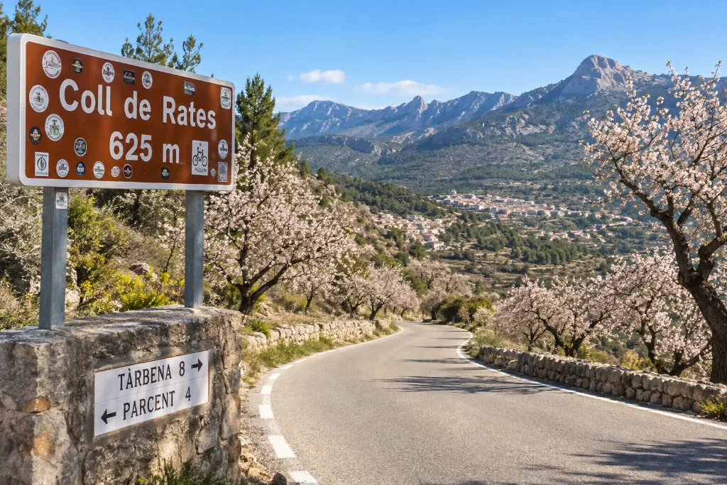 Road cycling through almond groves near Tàrbena, Costa Blanca.