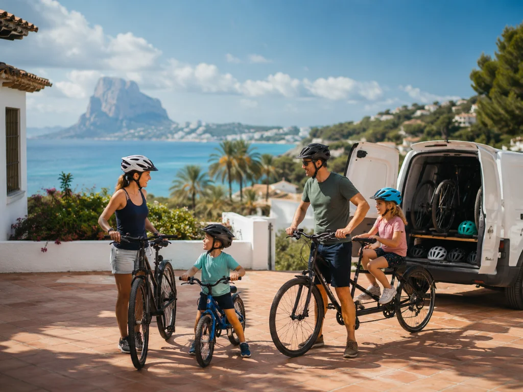 Family with children and a tandem collecting rental bikes delivered to a Costa Blanca villa