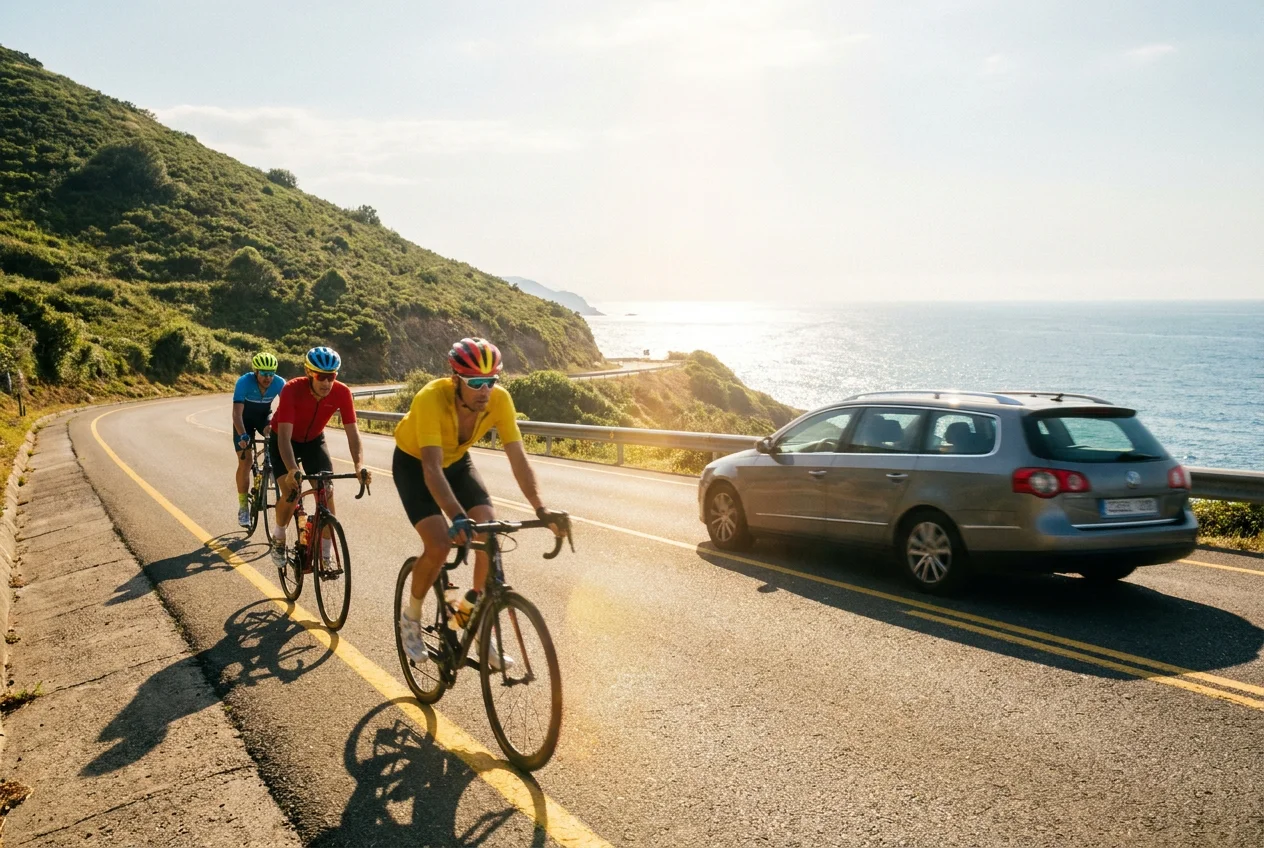 a group of three road cyclists riding in single file on a sunlit Spanish coastal road