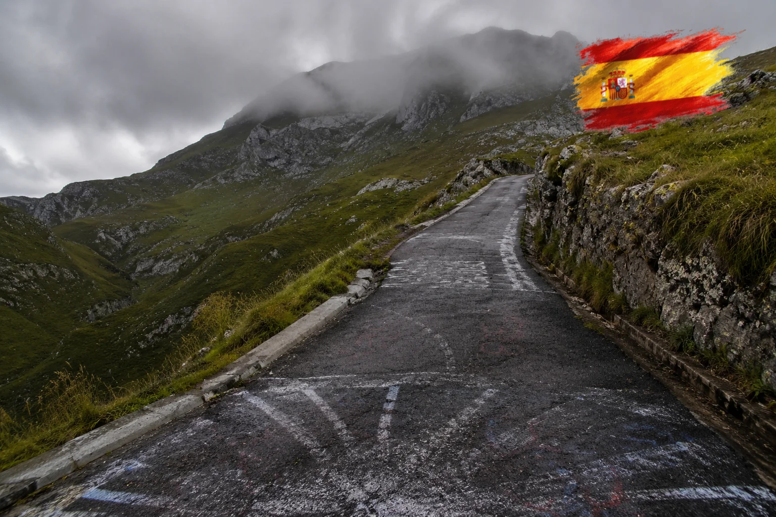 Steep mountain road with painted gradient markings climbing through mist on the Alto de l'Angliru in Asturias
