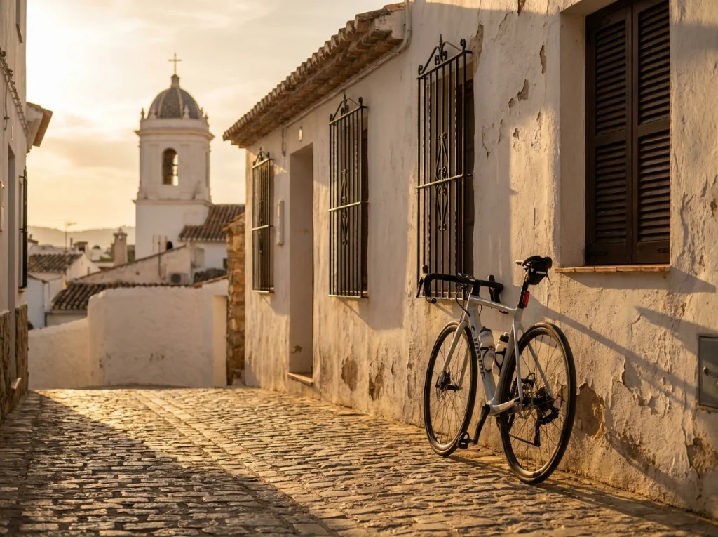 Road bike leaning against a whitewashed wall in Jávea's old town near the Church of San Bartolomé