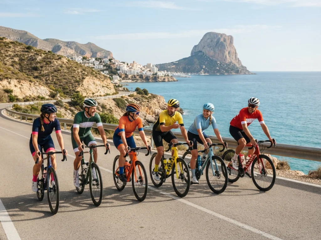 cycling-clubs-costa-blanca-group-ride Group of road cyclists riding together on a Costa Blanca coastal road