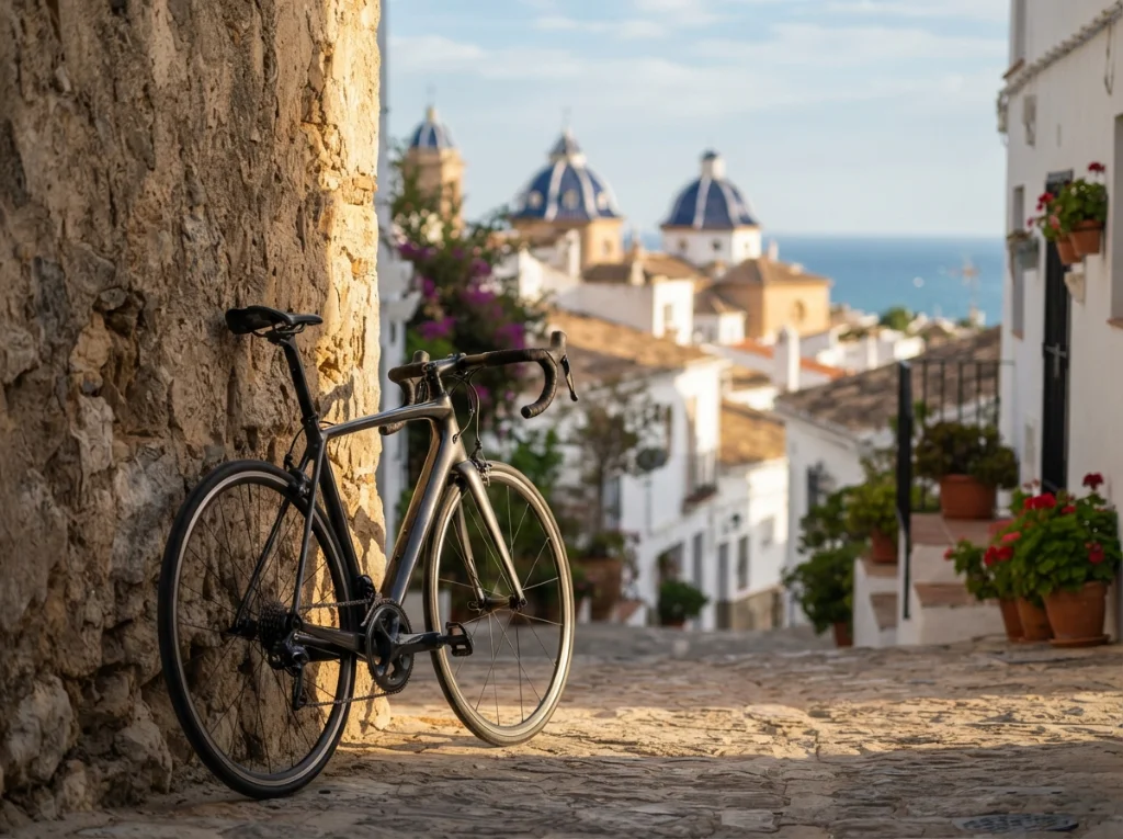 Road bike leaning against a whitewashed wall above Altea's old town with the Mediterranean in the background.