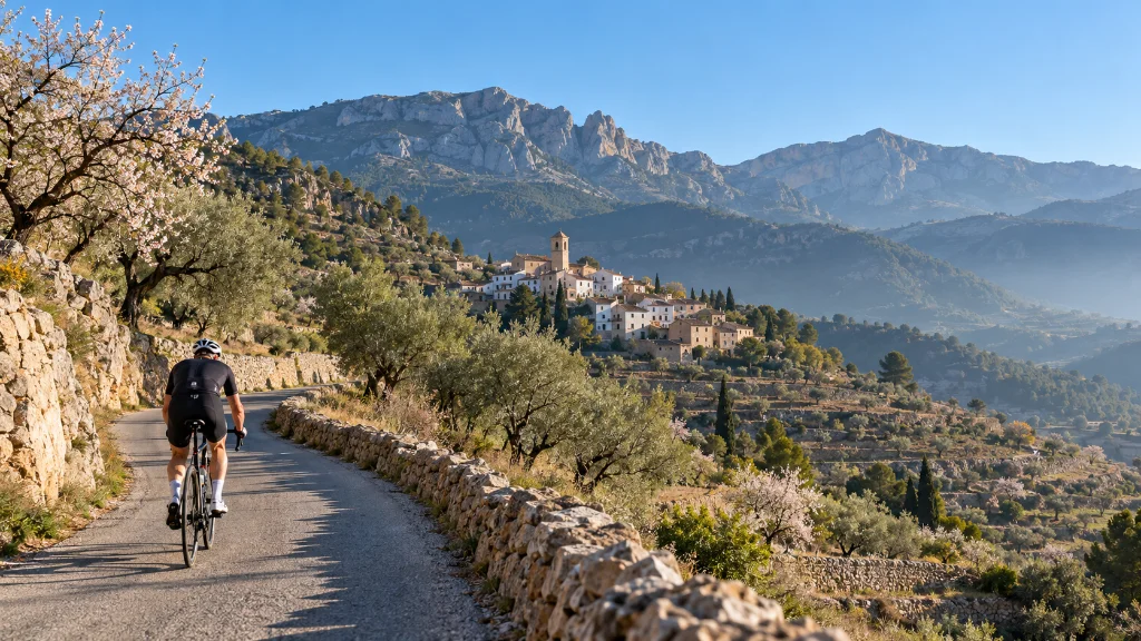 Road cyclist climbing through the Vall de Seta near Tollos on the Ruta 99 Alicante loop