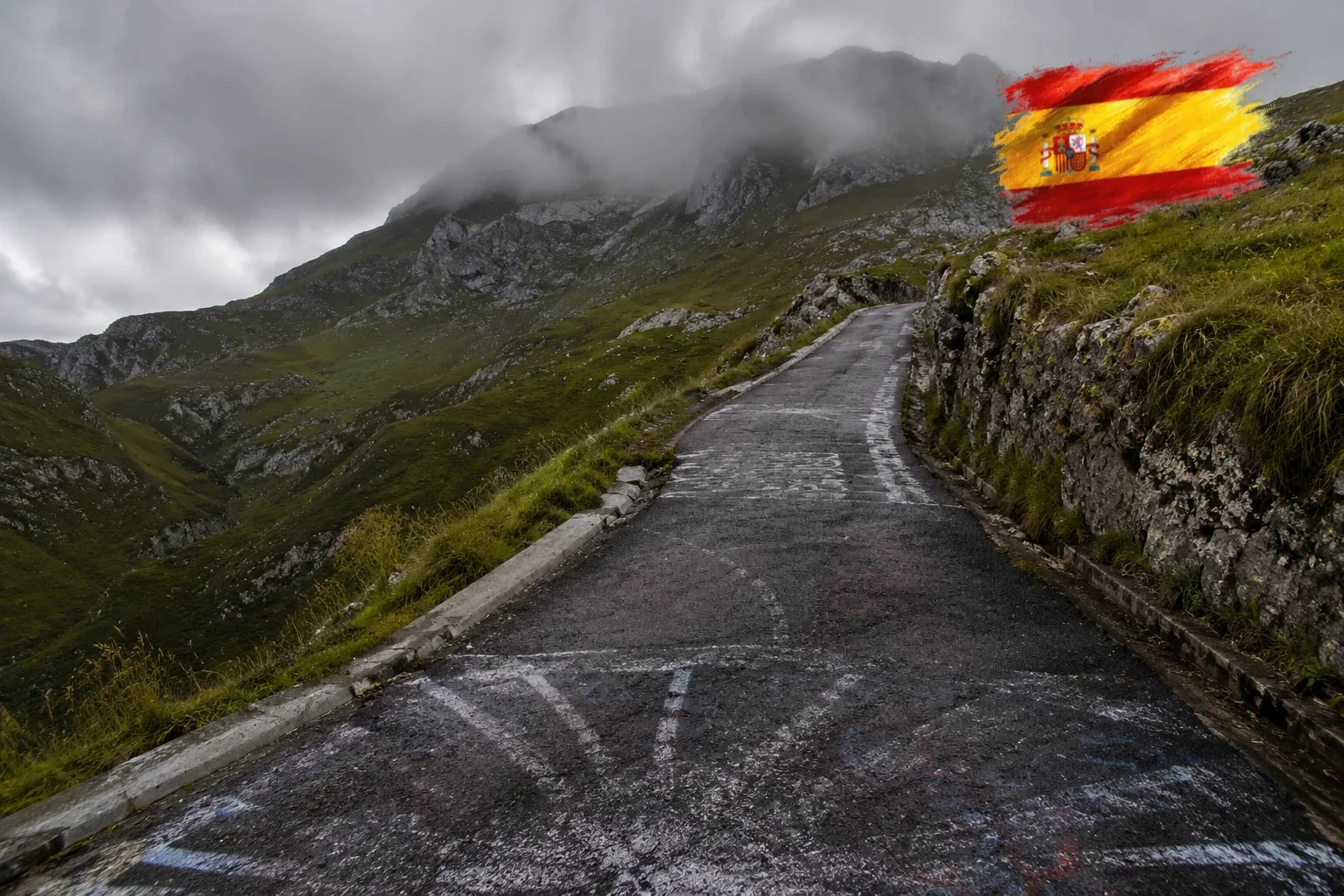 Steep mountain road with painted gradient markings climbing through mist on the Alto de l'Angliru in Asturias